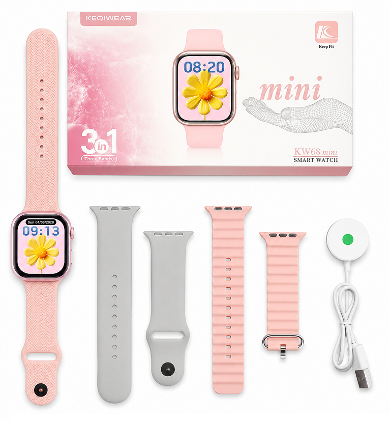 KW68 Mini Smartwatch with Bluetooth Call & 3 Straps - Pink